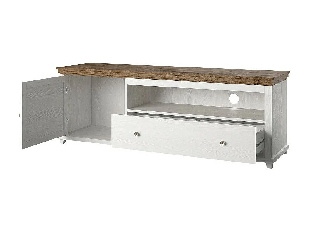 Meuble TV 180cm avec LED intégrées. Collection ASSIA. Coloris frêne blanc et chêne. 1 Porte et 1 tiroir.