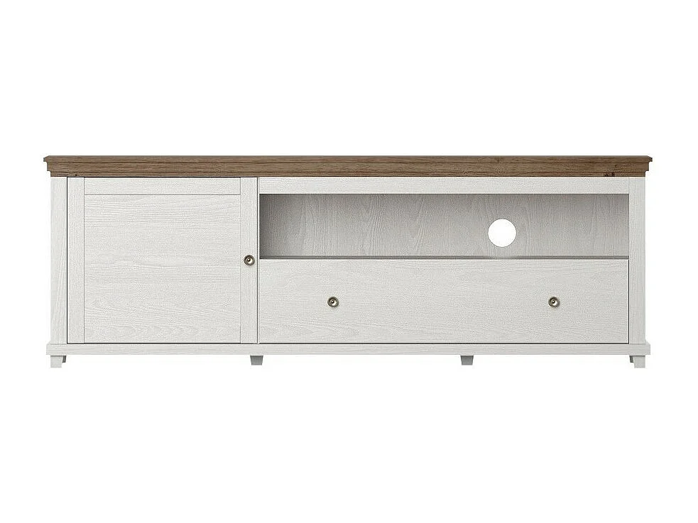 Meuble TV 180cm avec LED intégrées. Collection ASSIA. Coloris frêne blanc et chêne. 1 Porte et 1 tiroir.