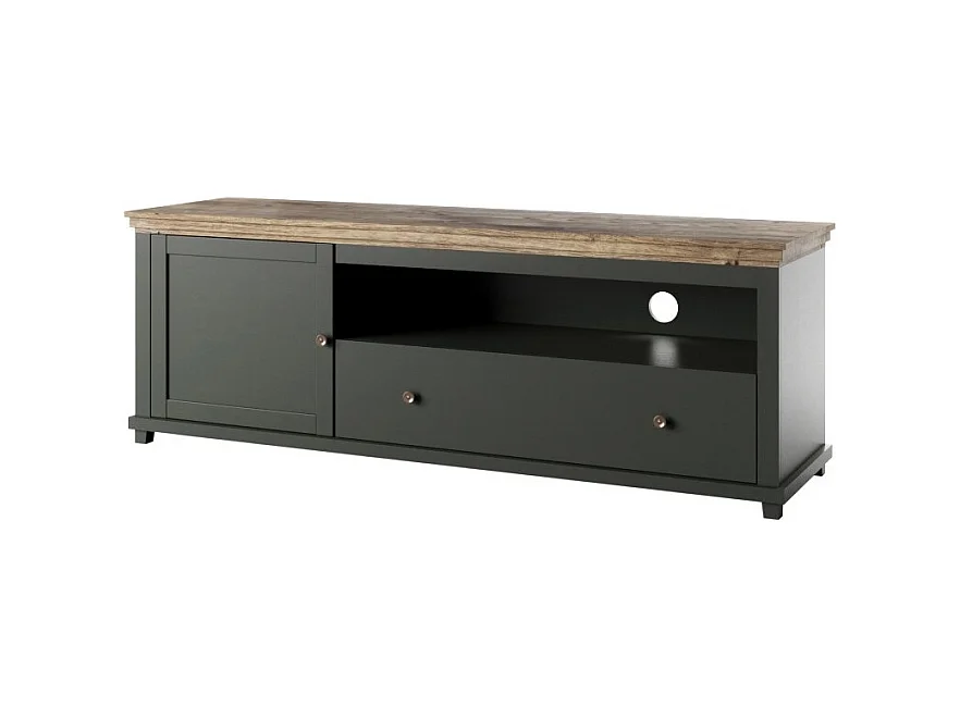 Móvel para TV de 180cm com LED integrado. Coleção ASSIA. Cores verde e carvalho. 1 porta e 1 gaveta.