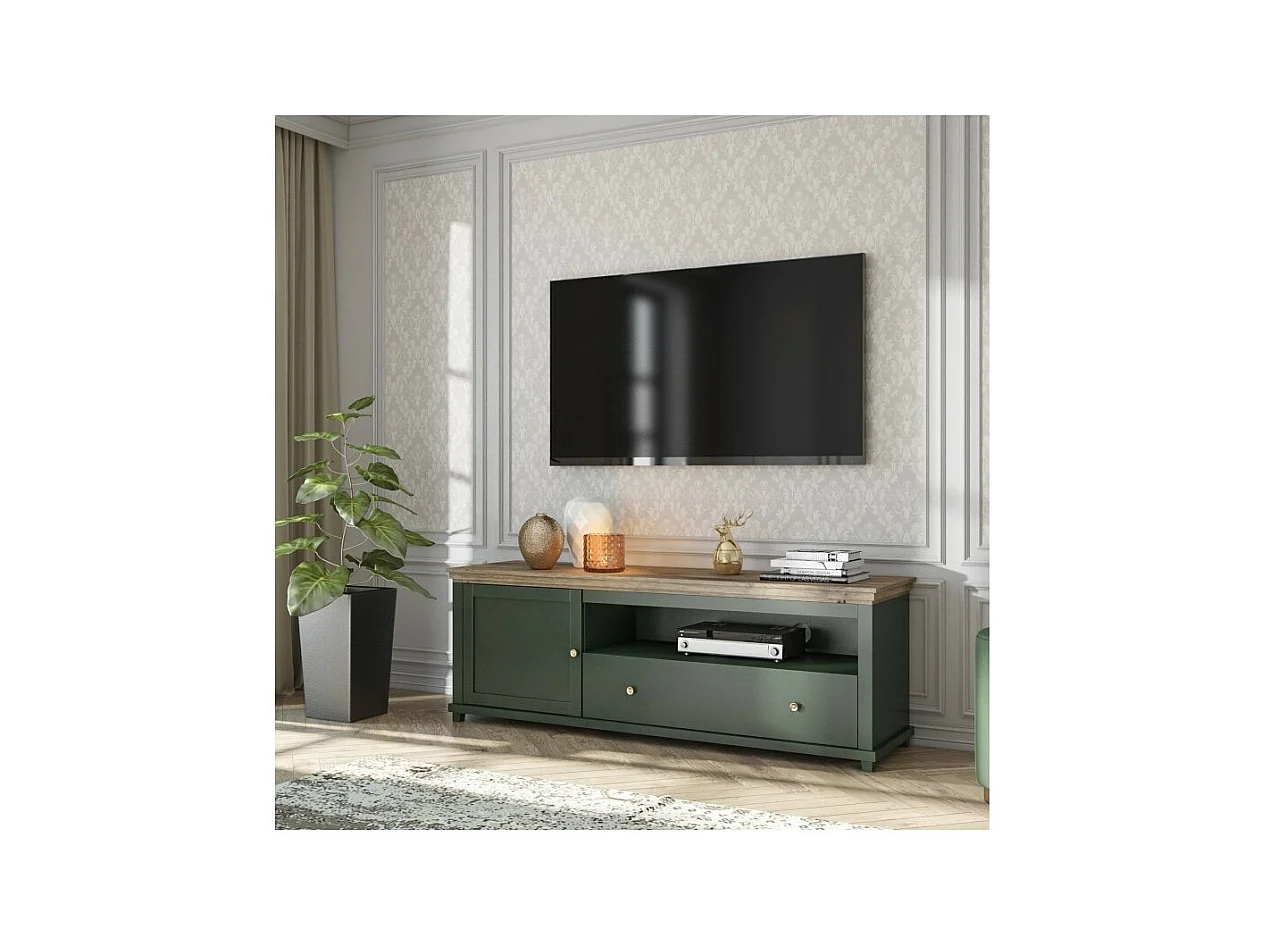 Móvel para TV de 180cm com LED integrado. Coleção ASSIA. Cores verde e carvalho. 1 porta e 1 gaveta.