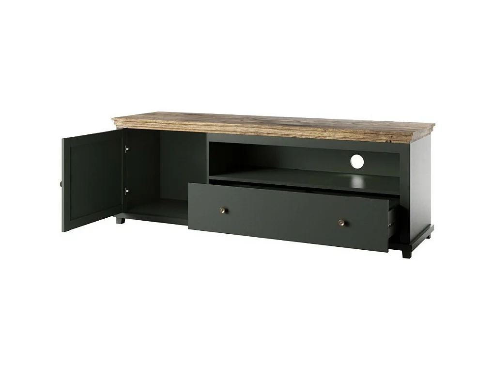 Móvel para TV de 180cm com LED integrado. Coleção ASSIA. Cores verde e carvalho. 1 porta e 1 gaveta.