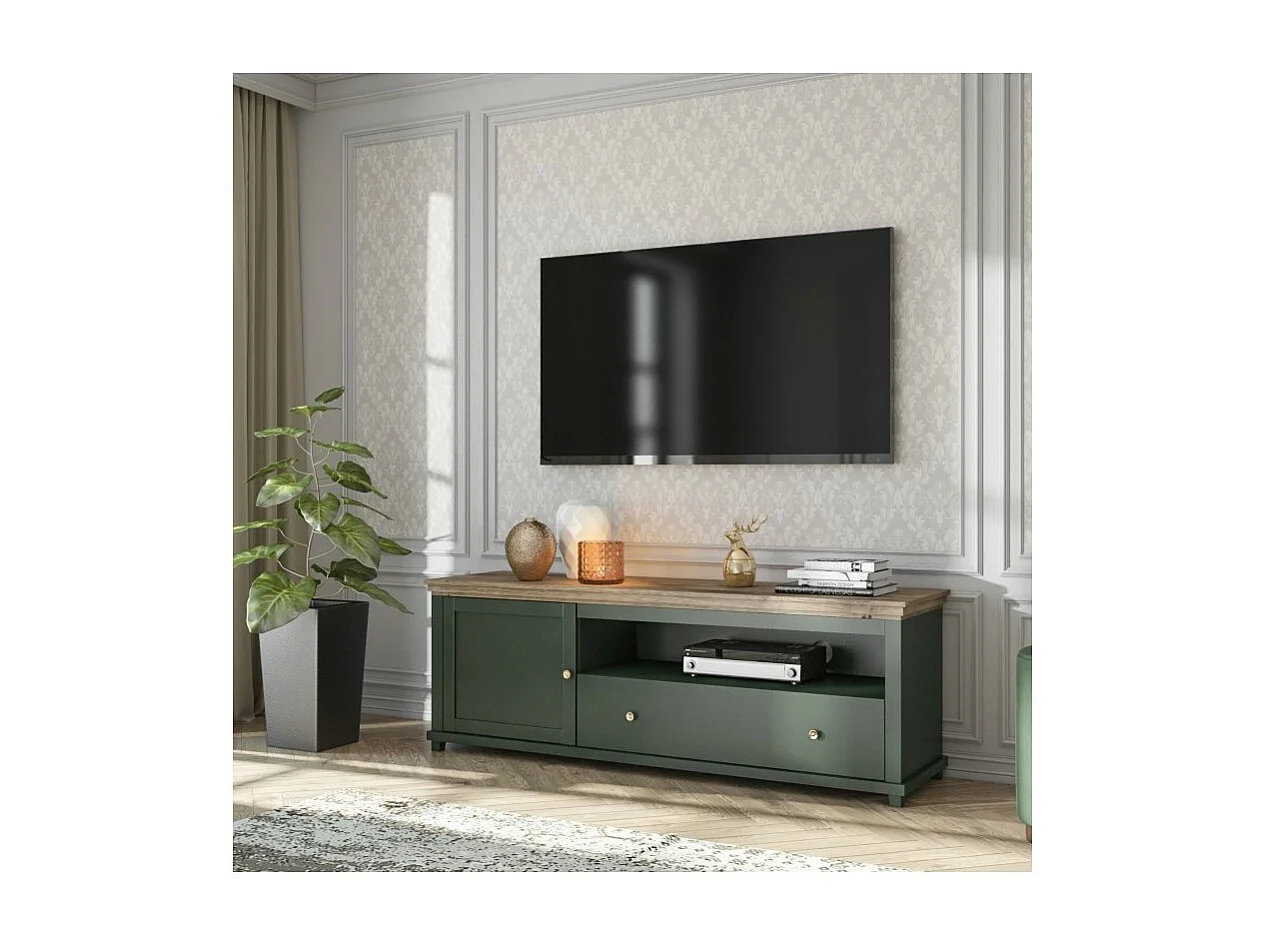 TV-meubel 180cm met geïntegreerde LED. Collectie ASSIA. Kleur groen en eik. 1 Deur en 1 lade.