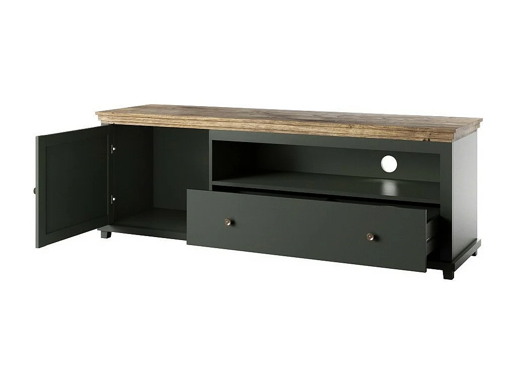 TV-meubel 180cm met geïntegreerde LED. Collectie ASSIA. Kleur groen en eik. 1 Deur en 1 lade.