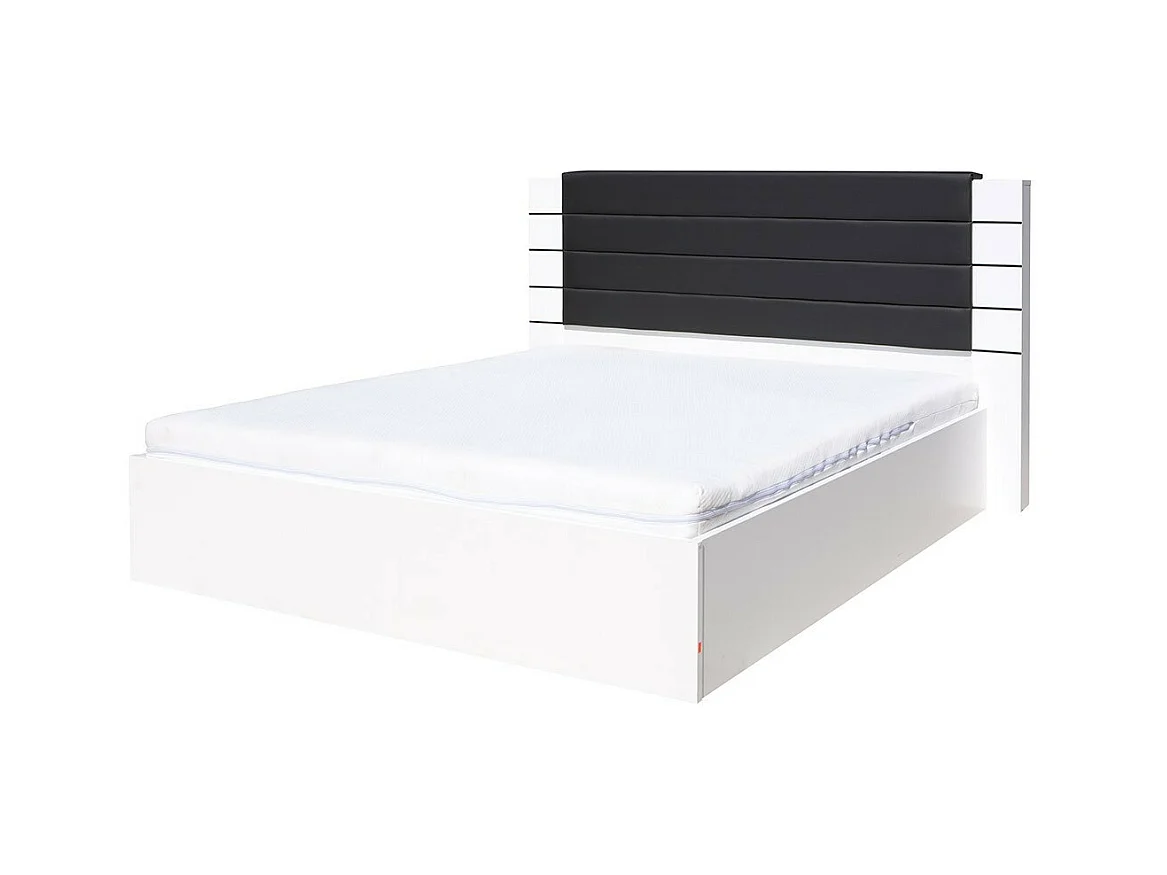 Lit LINA blanc et noir brillant 180 cm avec sommier et tête de lit en simili cuir noir