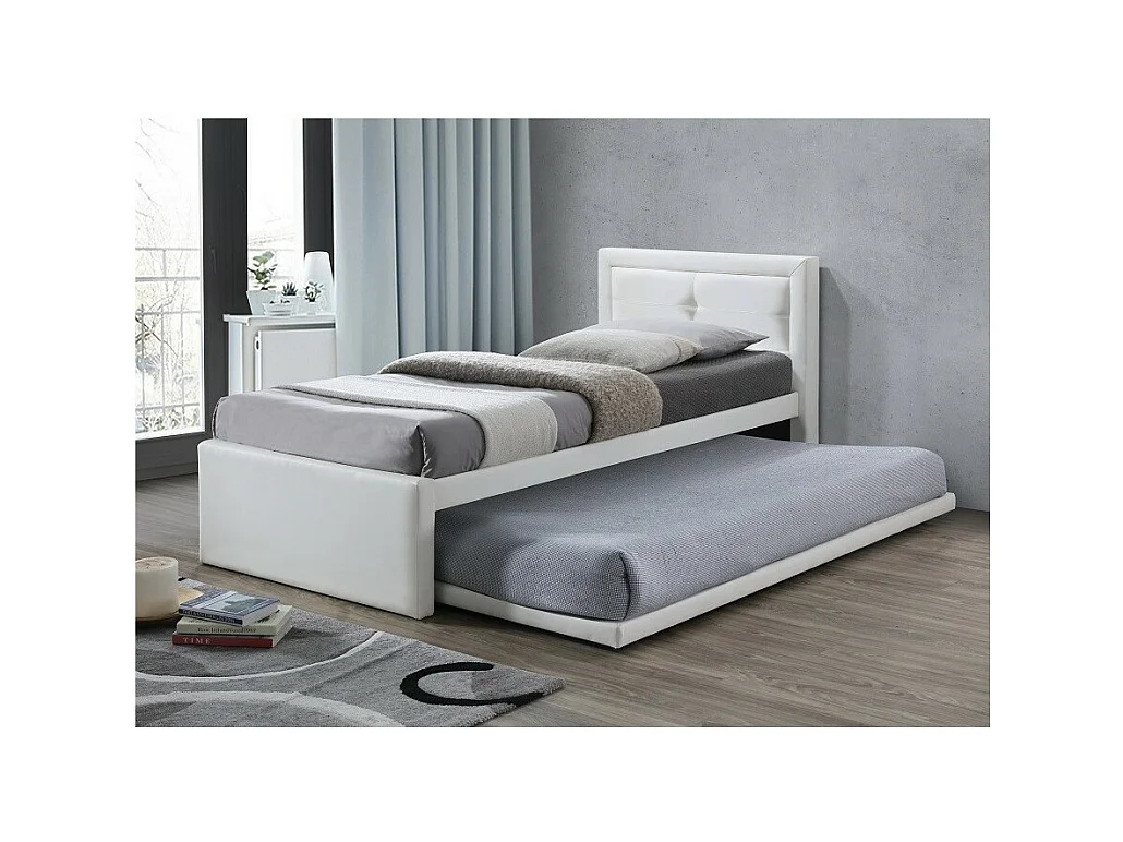 Cama com cama auxiliar RODAN 90x200 cm em couro sintético na cor branca, com estrado incluso.