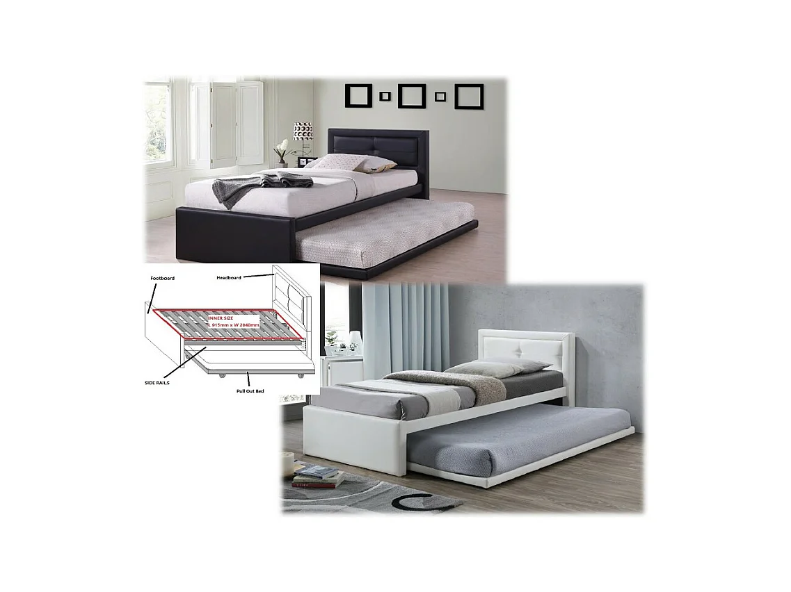 Cama com cama auxiliar RODAN 90x200 cm em couro sintético na cor branca, com estrado incluso.