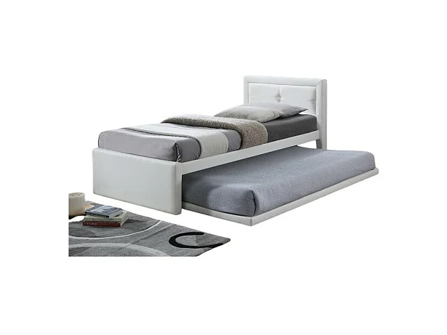 Bed met onderschuifbed RODAN - 90x200 cm - Wit kunstleer - Lattenbodem inbegrepen - Moderne stijl