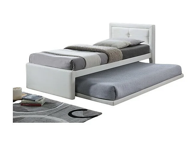 Lit avec tiroir-lit RODAN – 90x200 cm – Similicuir blanc – Sommier inclus – Style moderne