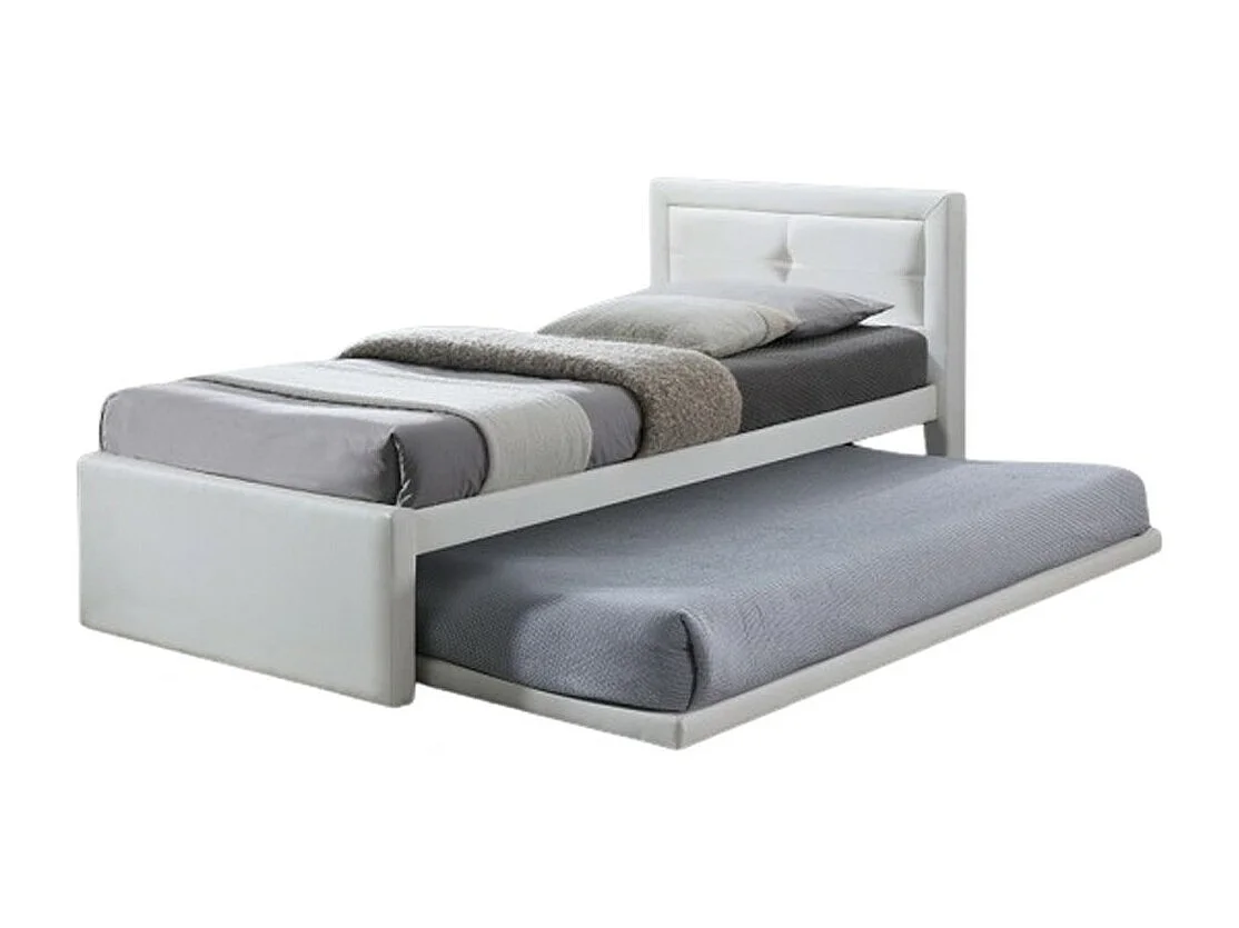 Lit avec tiroir-lit RODAN – 90x200 cm – Similicuir blanc – Sommier inclus – Style moderne