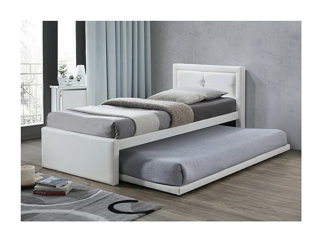 Lit avec tiroir-lit RODAN – 90x200 cm – Similicuir blanc – Sommier inclus – Style moderne