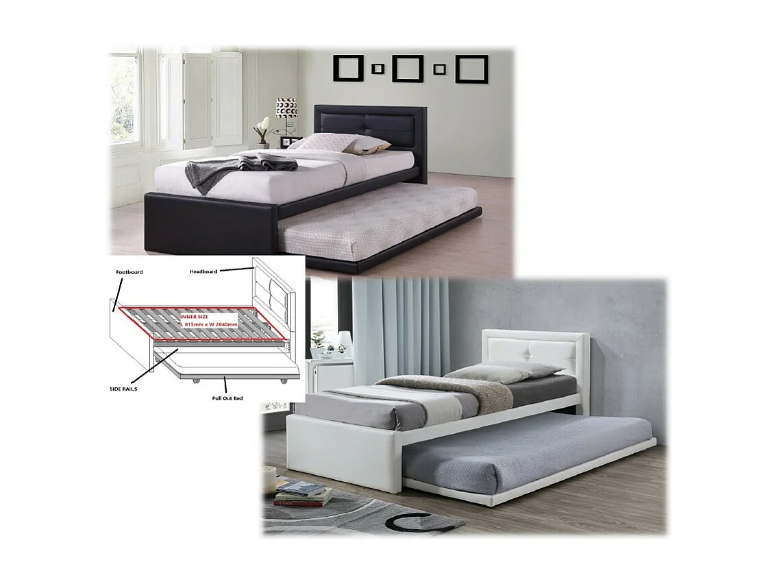 Lit avec tiroir-lit RODAN – 90x200 cm – Similicuir blanc – Sommier inclus – Style moderne