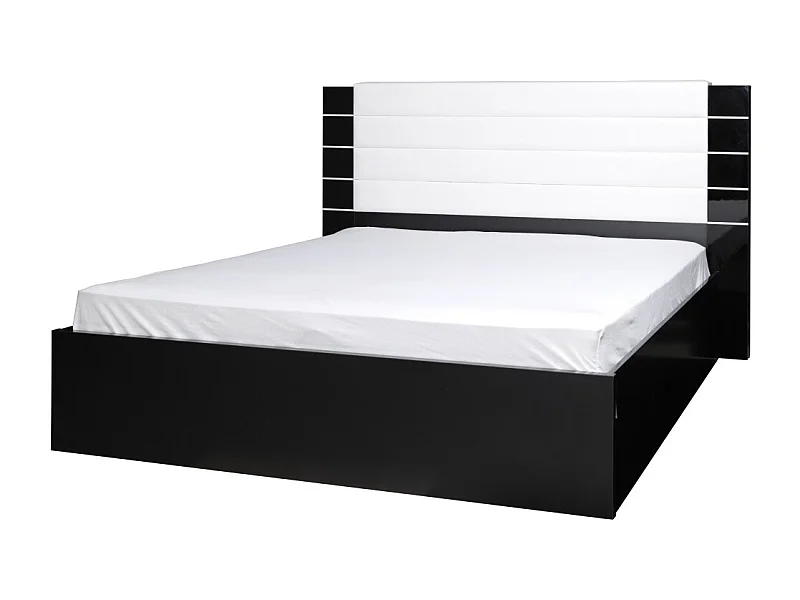 Cama de adulto design LINA preto e branco brilhante + cabeceira em couro sintético
