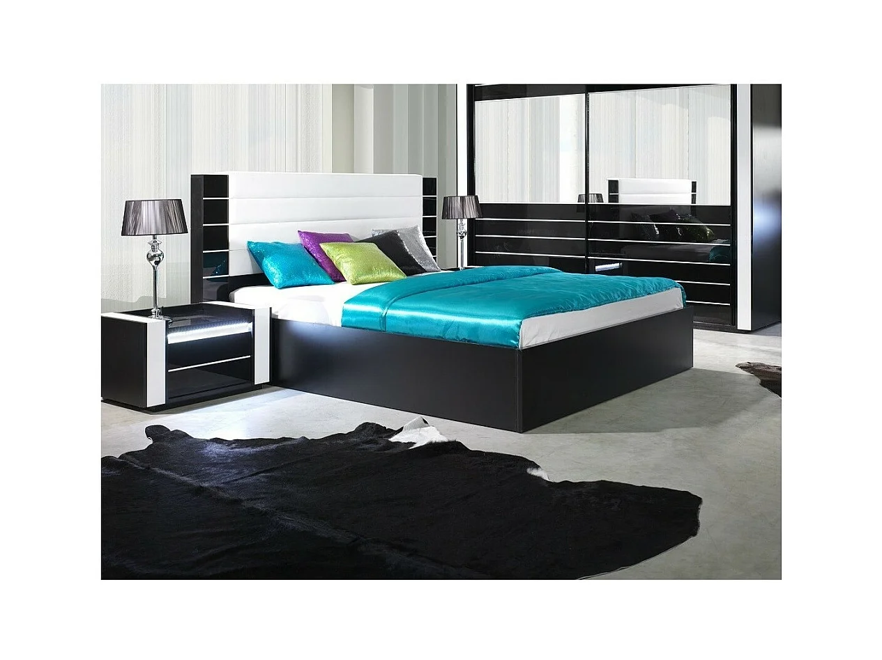 Bett LINA 160x200 schwarz und weiß glänzend mit schwarzem Kunstleder-Kopfteil – Lattenrost inklusive