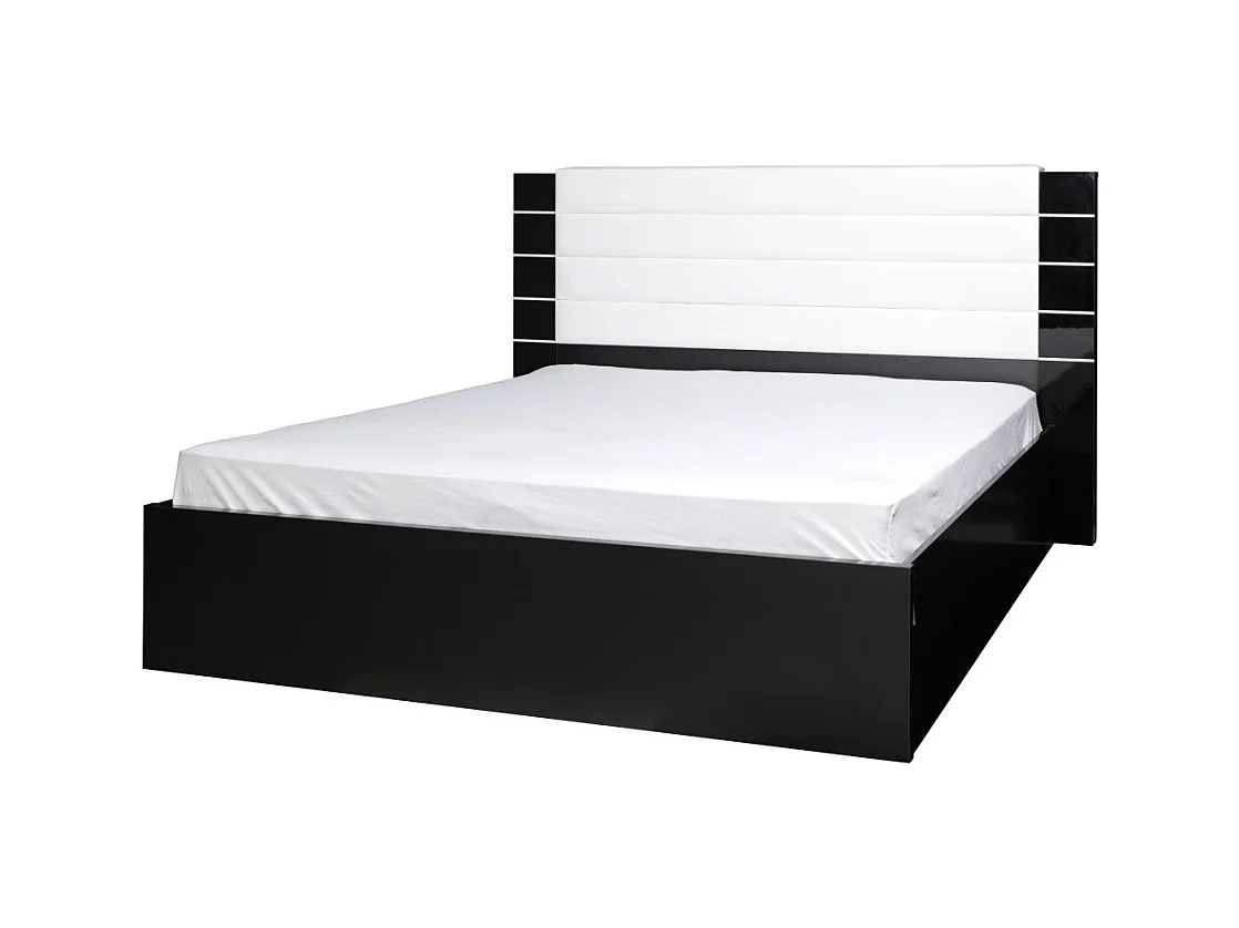 Lit LINA 160x200 noir et blanc brillant avec tête de lit en simili cuir noir – Sommier inclus