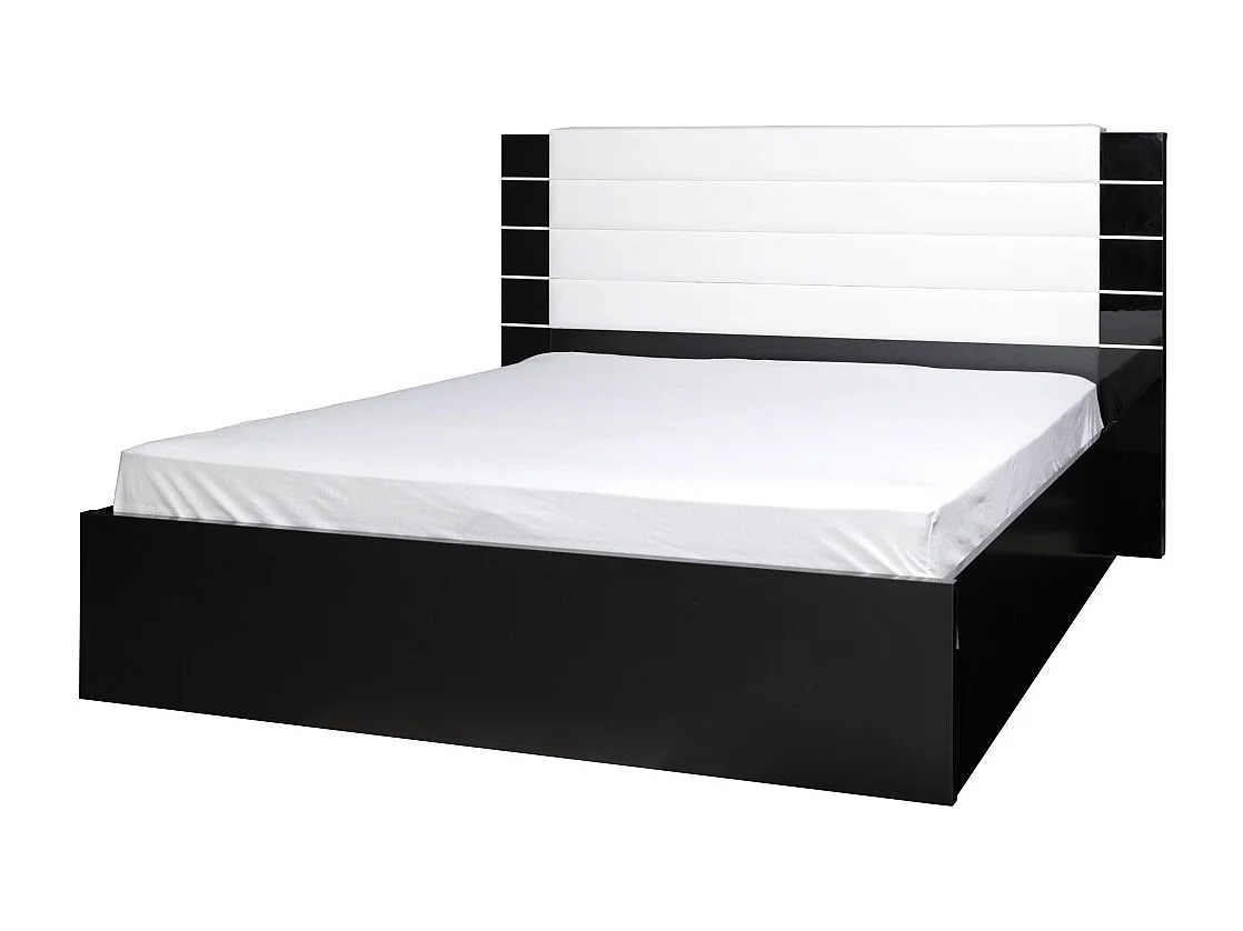 Lit LINA 160x200 noir et blanc brillant avec tête de lit en simili cuir noir – Sommier inclus