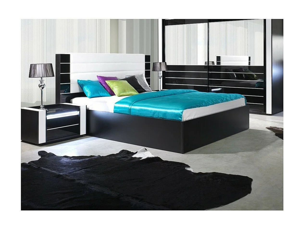 Lit LINA 160x200 noir et blanc brillant avec tête de lit en simili cuir noir – Sommier inclus