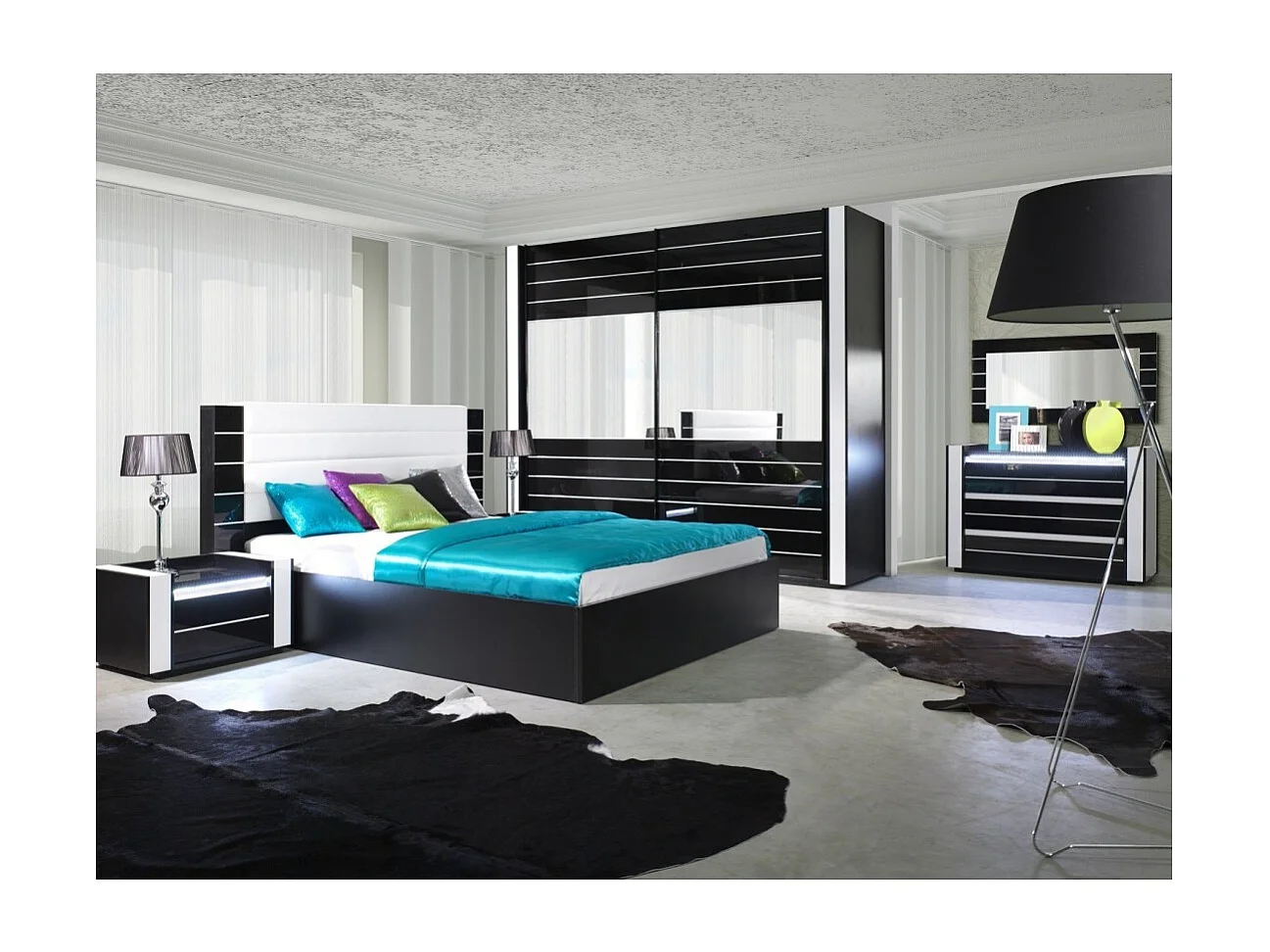 Lit LINA 160x200 noir et blanc brillant avec tête de lit en simili cuir noir – Sommier inclus