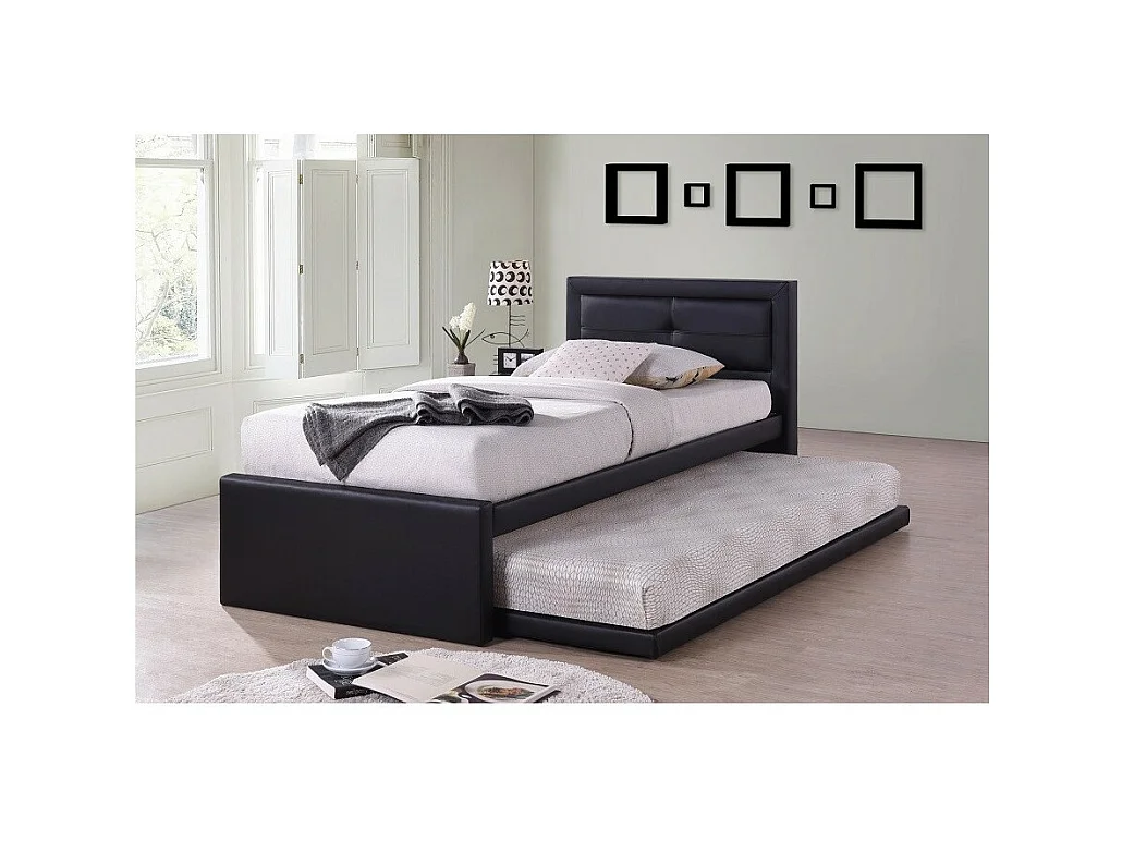 Cama com cama auxiliar RODAN 90x200 cm em couro sintético na cor preta, com estrado incluído.