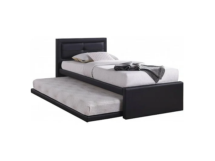 Bed met onderschuifbed RODAN 90x200 cm in zwart kunstleer, inclusief lattenbodem.