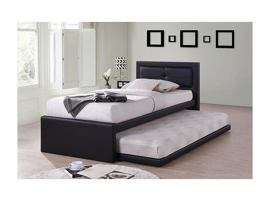 Lit avec tiroir-lit RODAN 90x200 cm en simili cuir coloris noir, sommier inclus.
