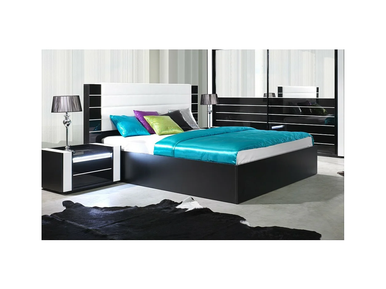 Bett mit Bettkasten 160 cm in Schwarz und glänzendem Weiß mit schwarzer Kunstleder-Finish