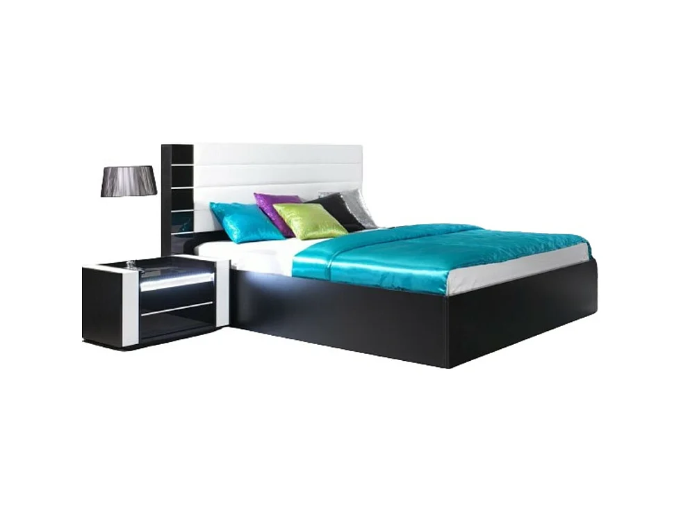 Bed met opbergruimte 160 cm zwart en glanzend wit met afwerking in zwart kunstleer