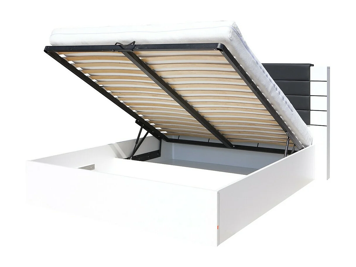 Cama de casal 160 cm com opção de baú LINA. Cores preto e branco brilhante com acabamento em couro sintético. Estrado incluído.