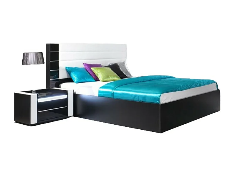 Letto contenitore 160 cm nero e bianco lucido con finitura in similpelle nera