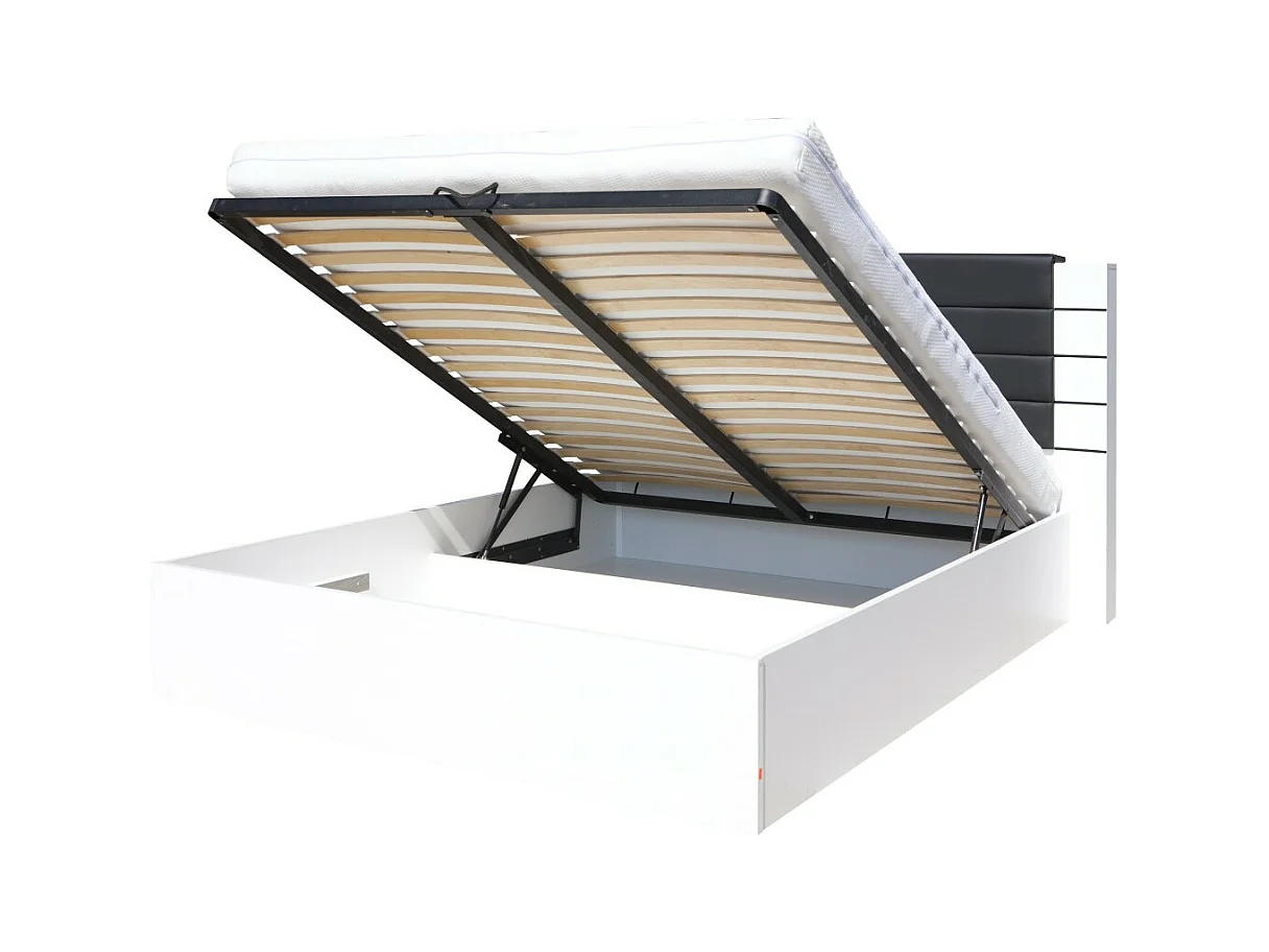 Cama king size de 180 cm en blanco y negro brillante con baúl y acabado en cuero sintético.