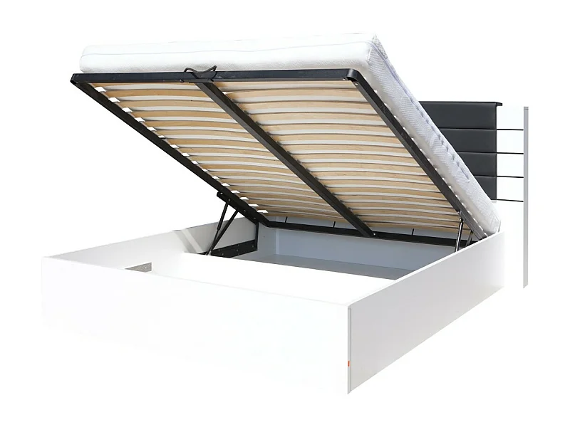 Lit king size 180 cm blanc et noir brillant avec coffre et finition simili cuir