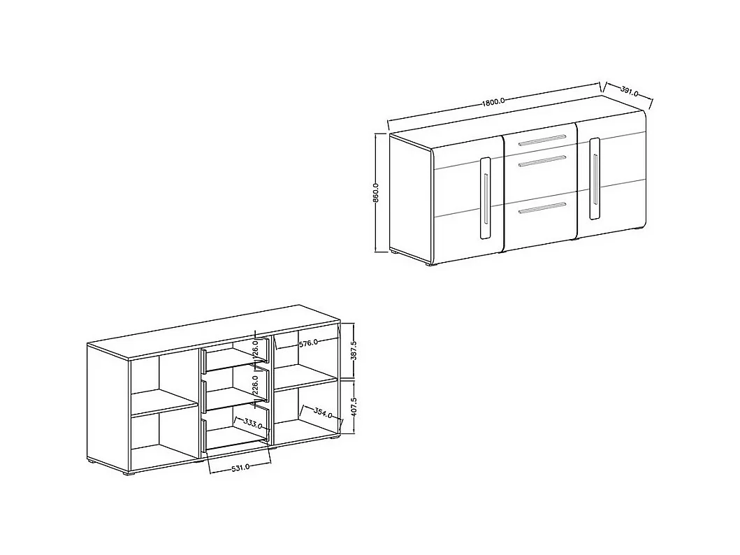 Buffet design 180cm. Collection BREDA deux portes et trois tiroirs. Coloris chêne.