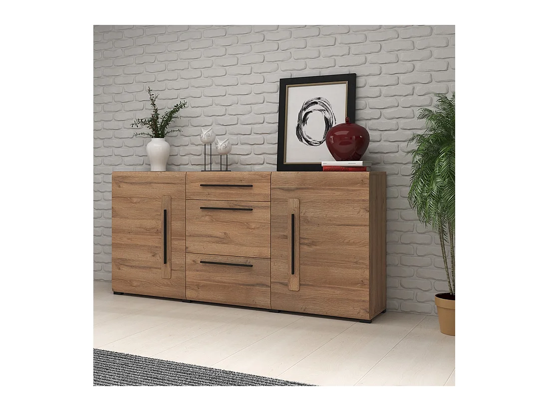 Buffet design 180cm. Collection BREDA deux portes et trois tiroirs. Coloris chêne.