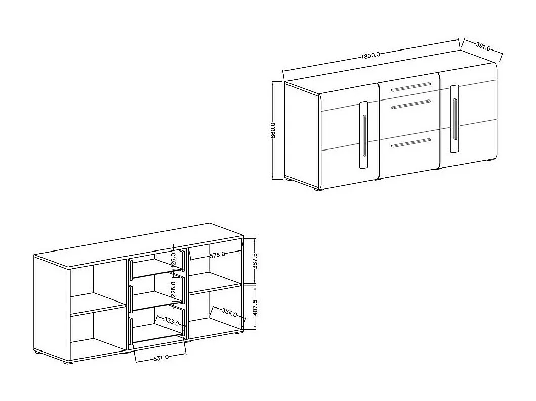 Buffet design 180cm. Collection BREDA deux portes et trois tiroirs. Coloris chêne.