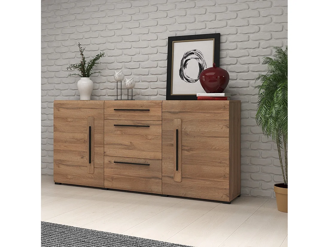 Buffet design 180cm. Collection BREDA deux portes et trois tiroirs. Coloris chêne.