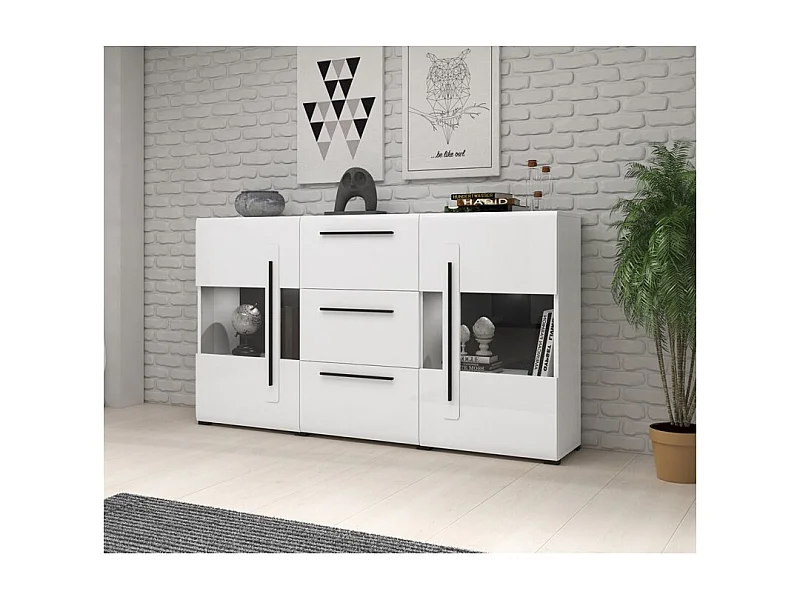 Buffet 180cm collectie BREDA met twee deels glazen deuren en drie lades. Kleur: wit.