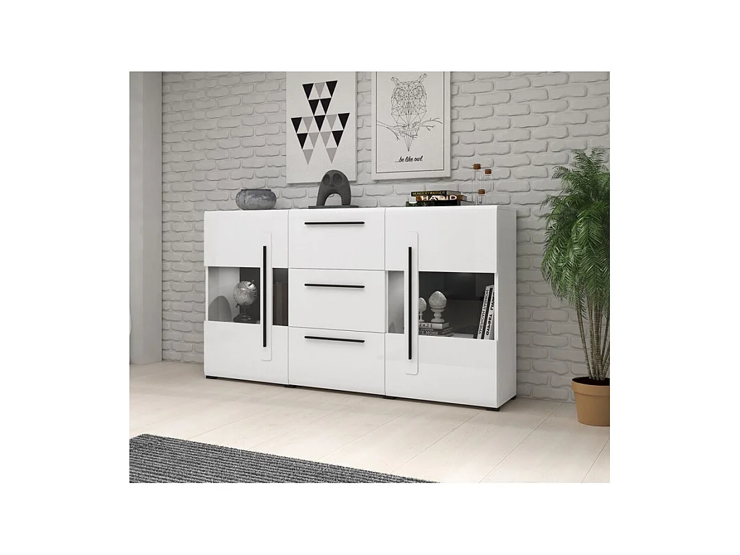 Buffet 180cm collectie BREDA met twee deels glazen deuren en drie lades. Kleur: wit.