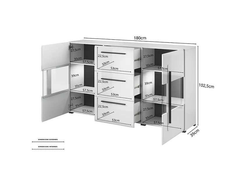 Buffet 180cm collectie BREDA met twee deels glazen deuren en drie lades. Kleur: wit.