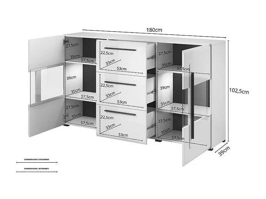 Buffet 180cm collection BREDA deux portes partiellement vitrées et trois tiroirs. Coloris blanc.