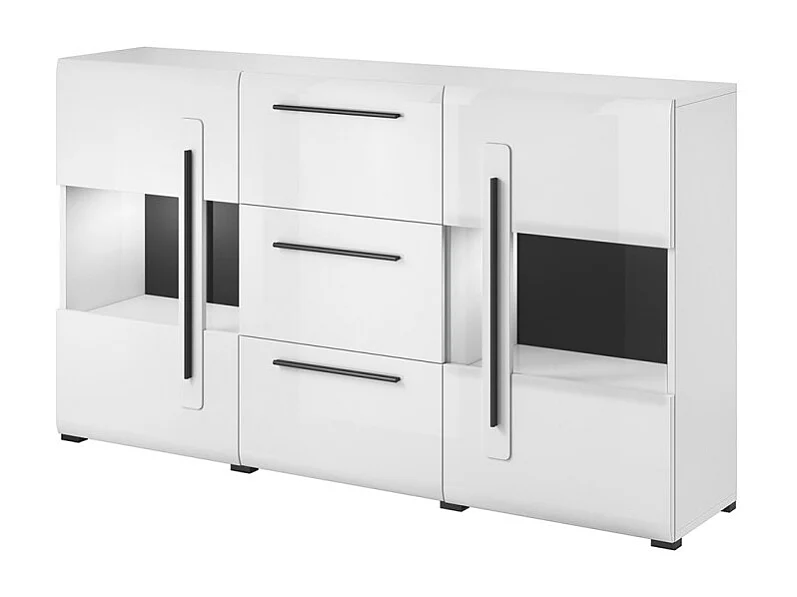 Buffet 180cm collection BREDA deux portes partiellement vitrées et trois tiroirs. Coloris blanc.