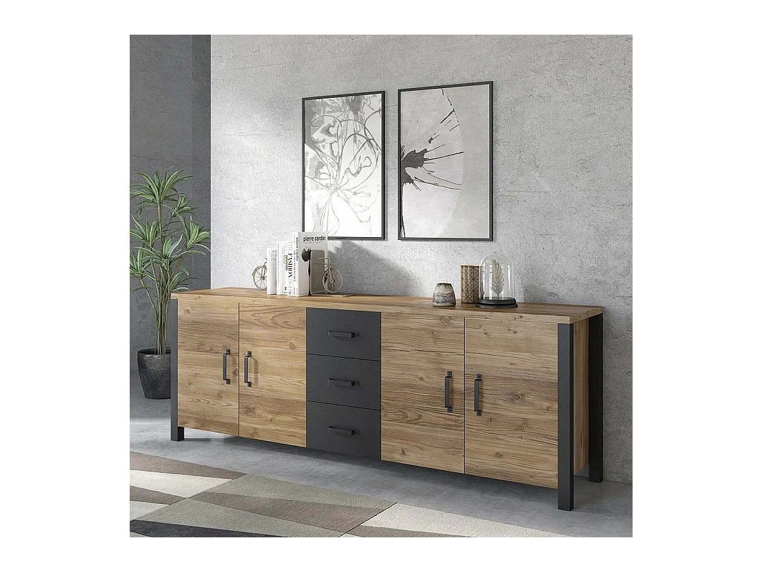 Buffet DARWIN – 220 cm aus Fichtenholz und matt Schwarz
