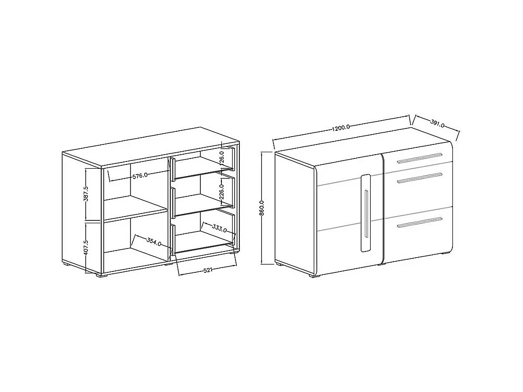 Buffet design 120 cm. Coleção BREDA uma porta e três gavetas. Cor carvalho.