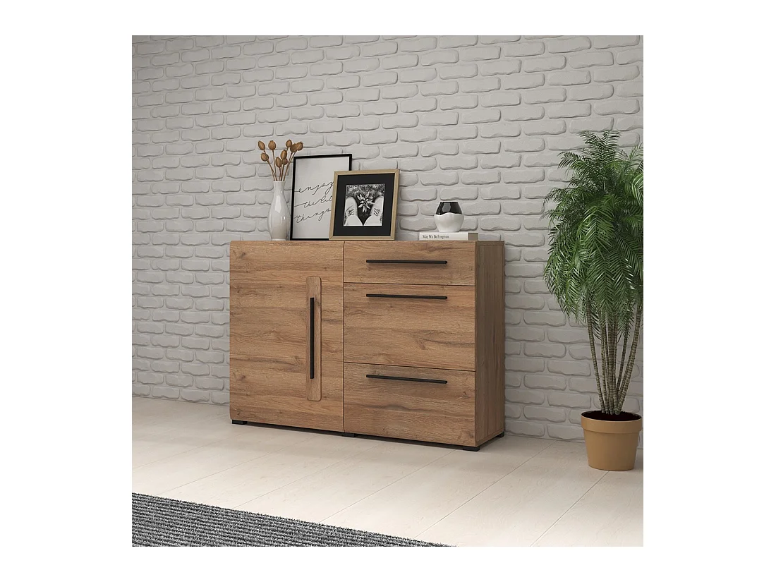 Buffet design 120 cm. Coleção BREDA uma porta e três gavetas. Cor carvalho.