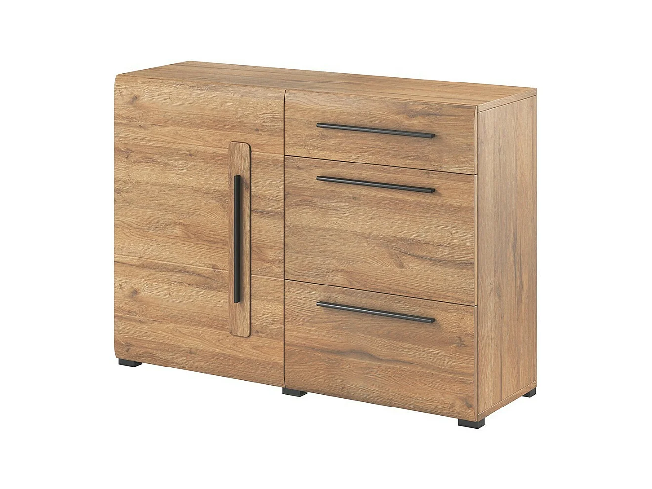 Design buffet 120cm. Collectie BREDA met één deur en drie laden. Eikenkleur.