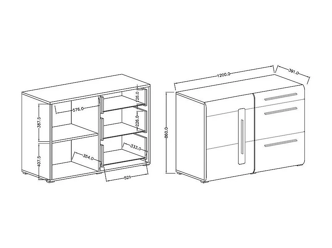 Buffet design 120cm. Collection BREDA une porte et trois tiroirs. Coloris chêne.