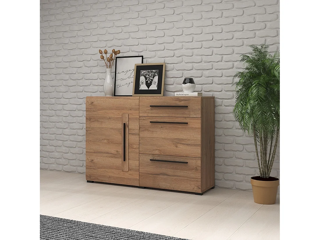 Buffet design 120cm. Collection BREDA une porte et trois tiroirs. Coloris chêne.