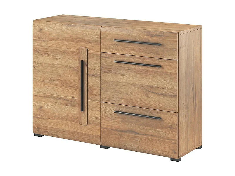 Design buffet 120cm. Collectie BREDA met één deur en drie laden. Eikenkleur.