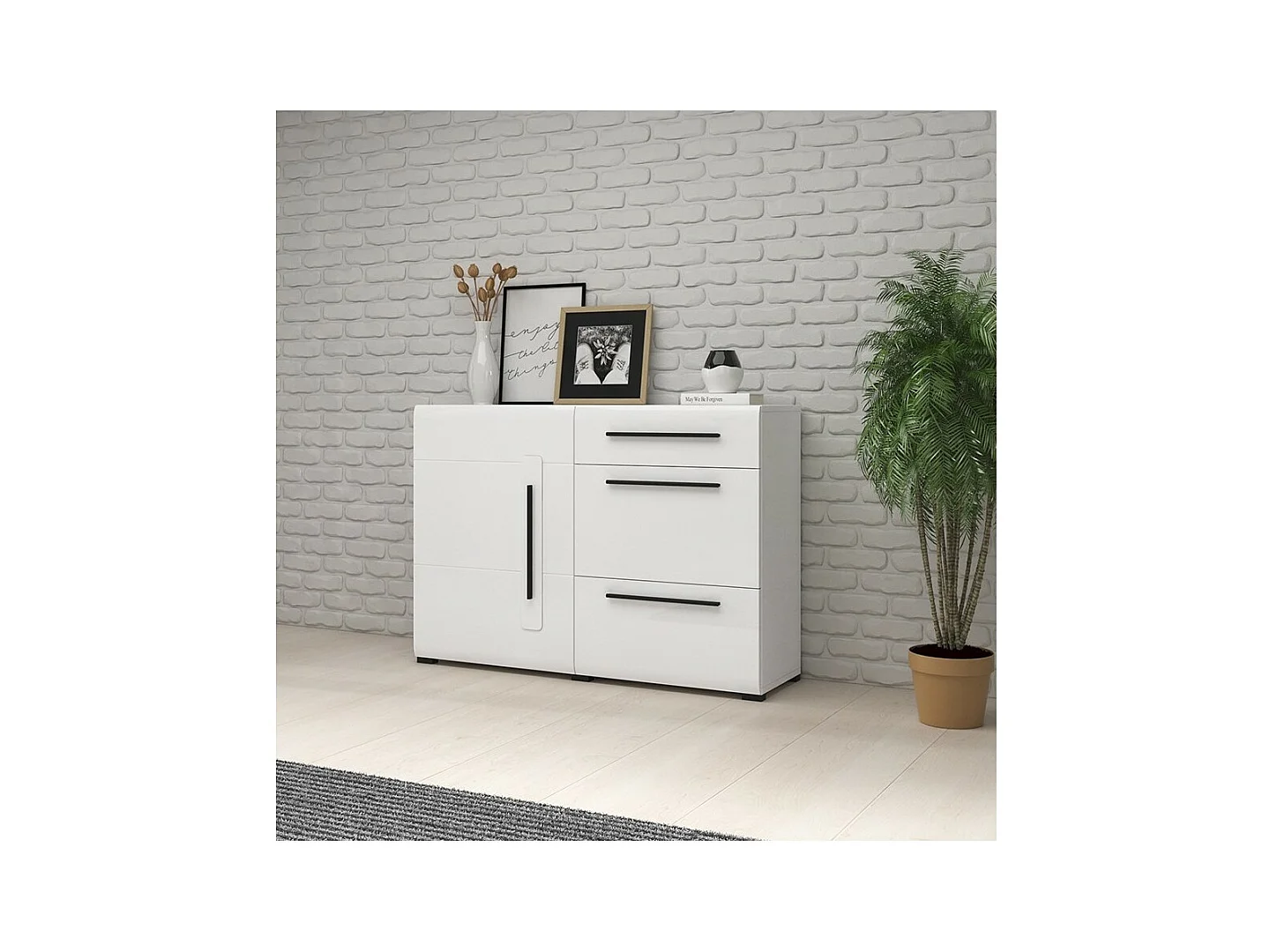 Buffet diseño 120cm. Colección BREDA una puerta y tres cajones. Color blanco.