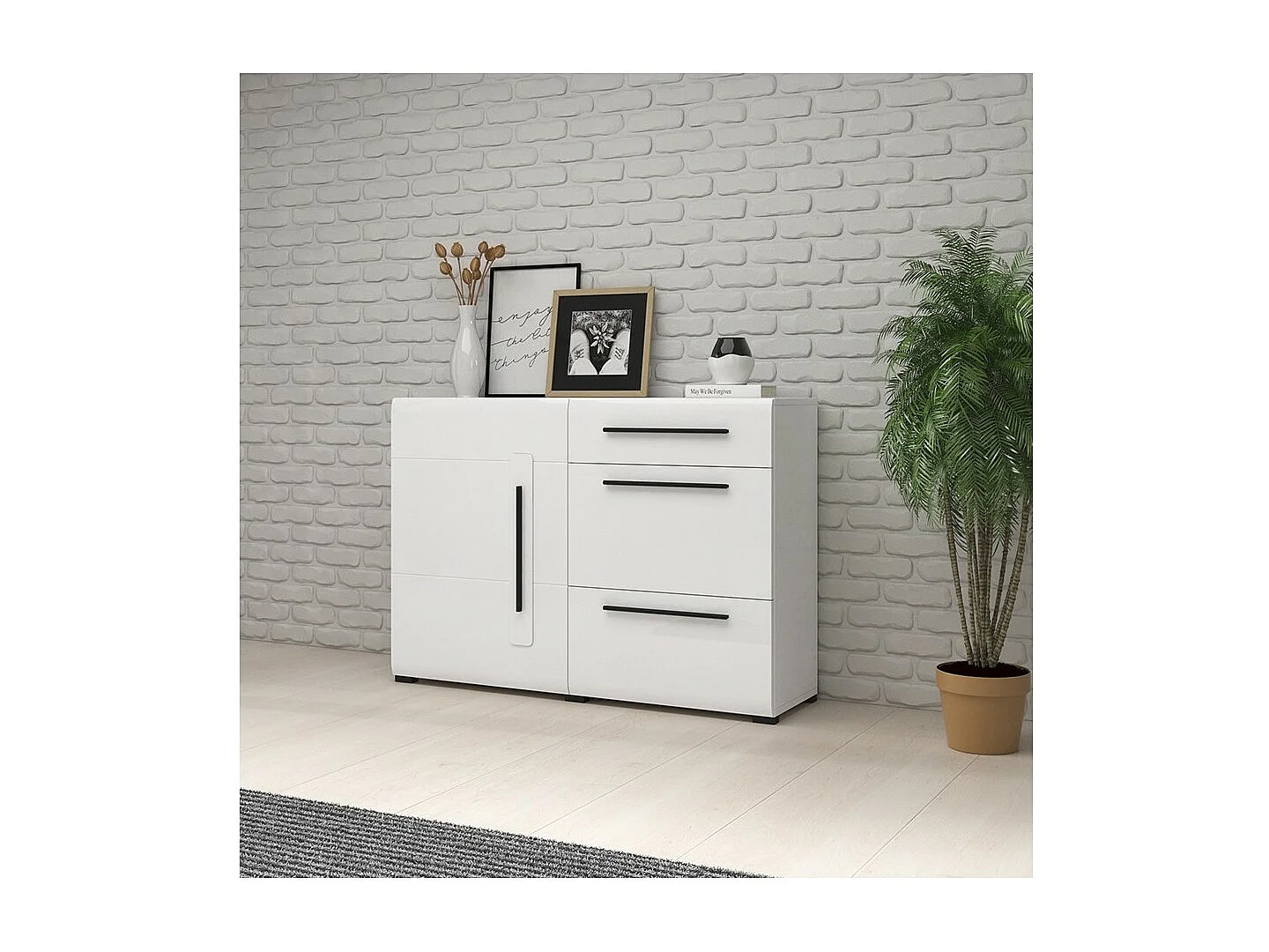 Buffet design 120cm. Collection BREDA une porte et trois tiroirs. Coloris blanc.