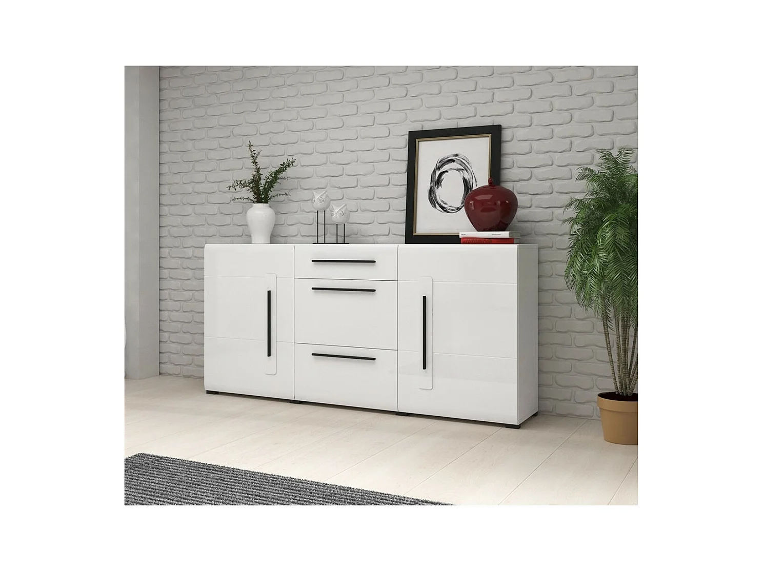 Buffet design 180cm. Coleção BREDA com duas portas e três gavetas. Cor branca.