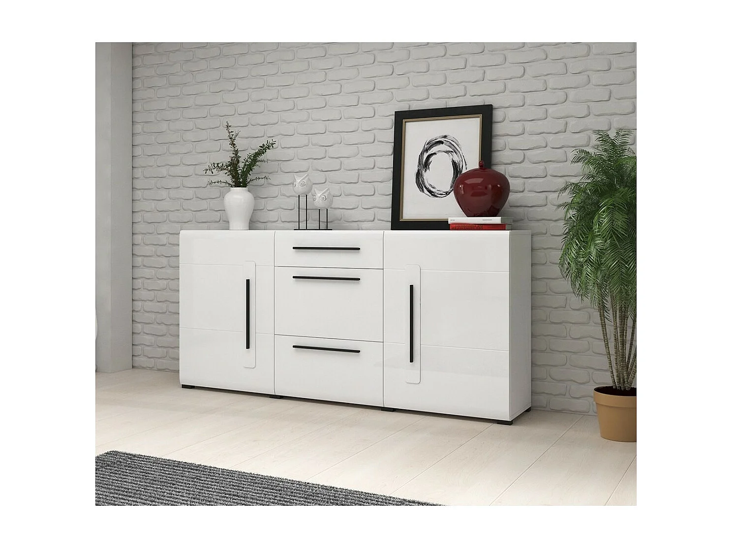 Design-Buffet 180 cm Kollektion BREDA – 2 Türen und 3 Schubladen, Farbe Weiß